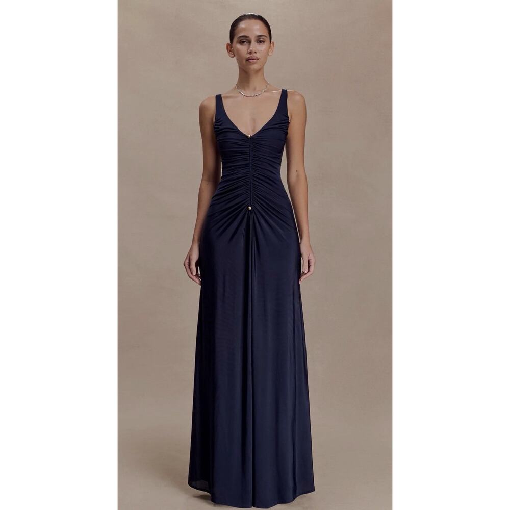 Meshki Perrie Slinky Ruched Maxi Dress - Ink Blue Small NWT